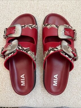 MIA Red Slide Sandals with Snake-Print Trim and Silver Buckles